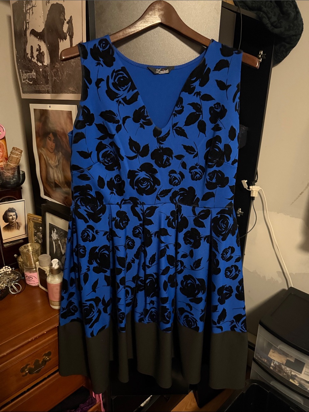 Blue & Black Floral Fit-and-Flare Dress